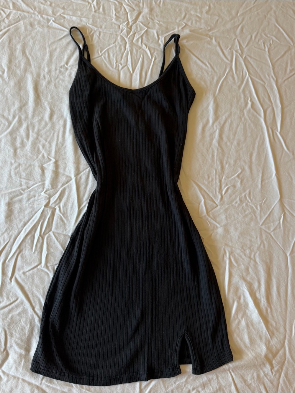 Black Ribbed Slip Dress with Side Slit